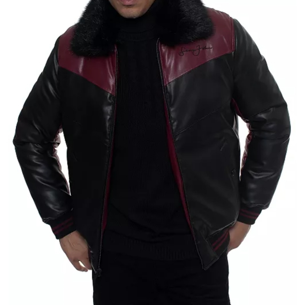 Seam John Faux Leather Chevron Bomber Jacket